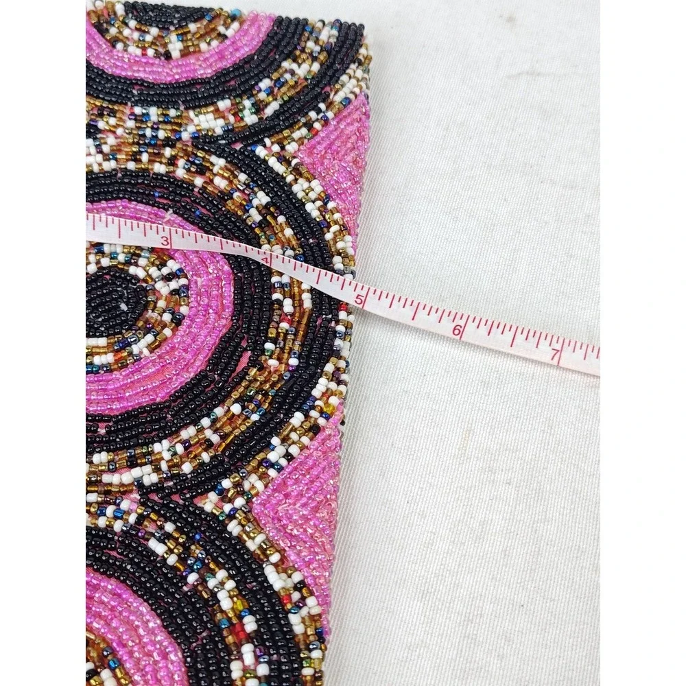 Vintage Pink Black Concentric Circle Seed Beaded Wristlet Clutch Evening Bag